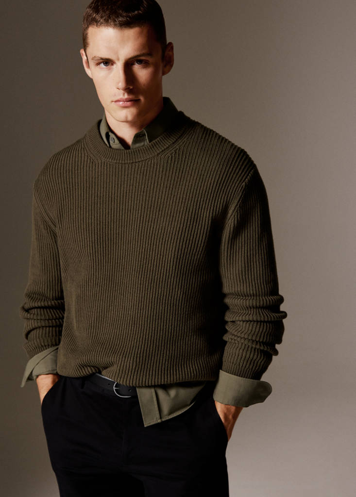 Fine rib-knit cotton sweater — Olive Green