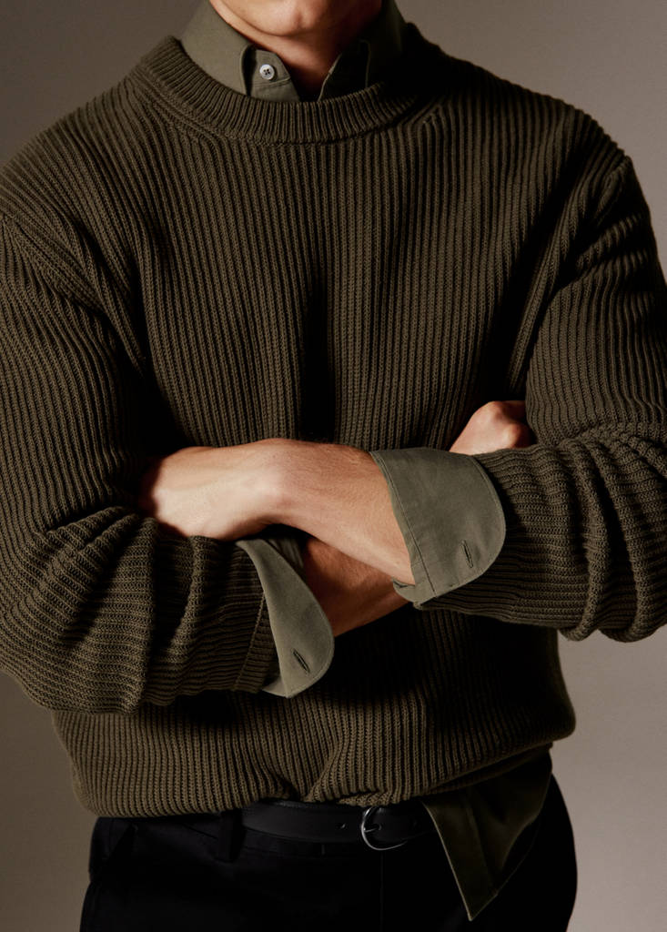 Fine rib-knit cotton sweater — Olive Green