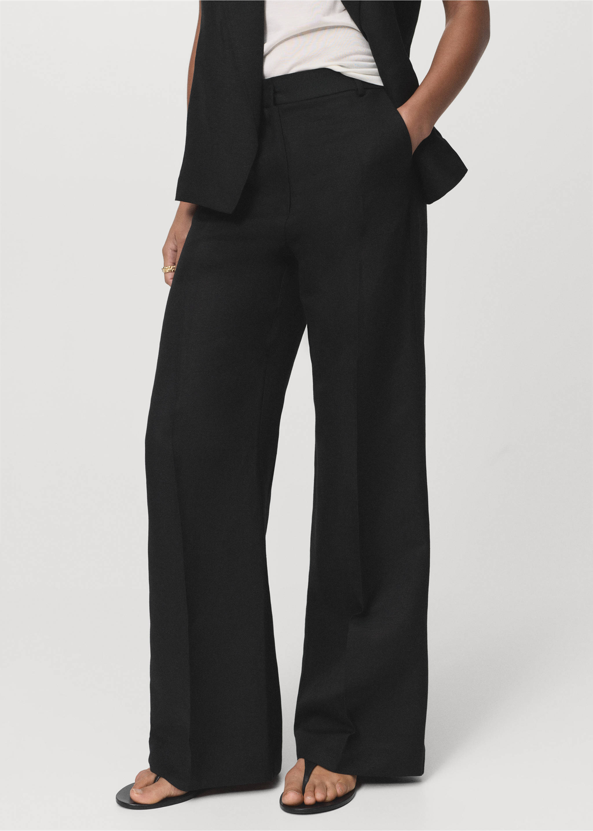 Pantalón traje recto lino - Plano medio, Negro. Ref: 17016736-00.