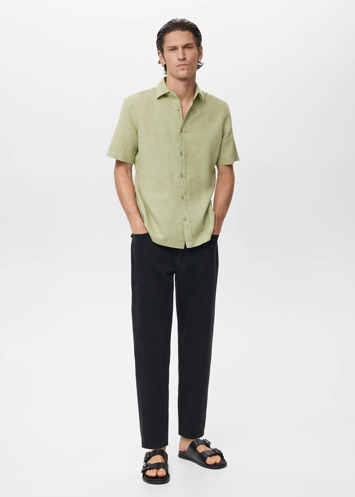 Short sleeve linen-blend shirt — Green Apple