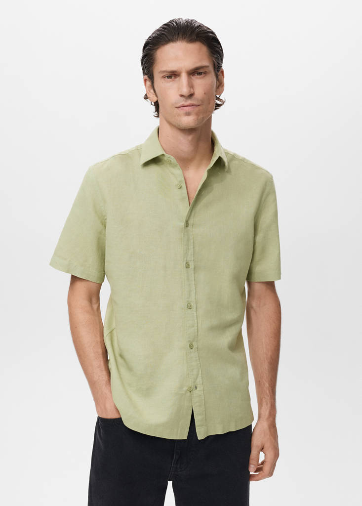 Short sleeve linen-blend shirt — Green Apple