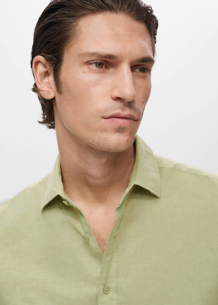 Short sleeve linen-blend shirt — Green Apple