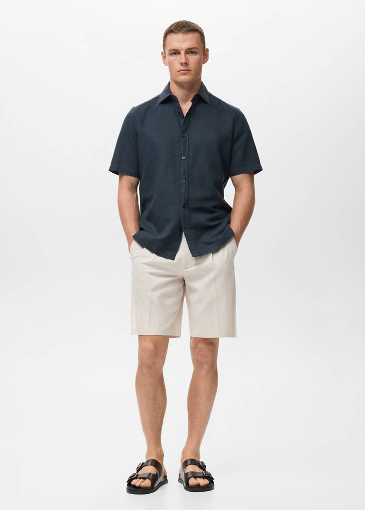 Short sleeve linen-blend shirt — Navy