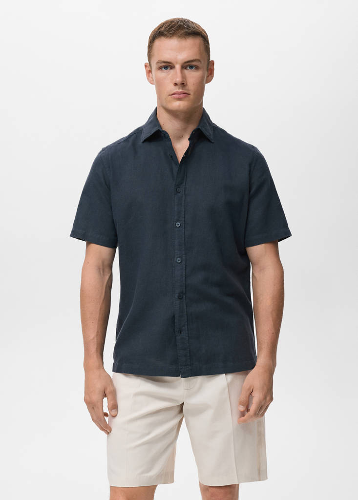 Short sleeve linen-blend shirt — Navy