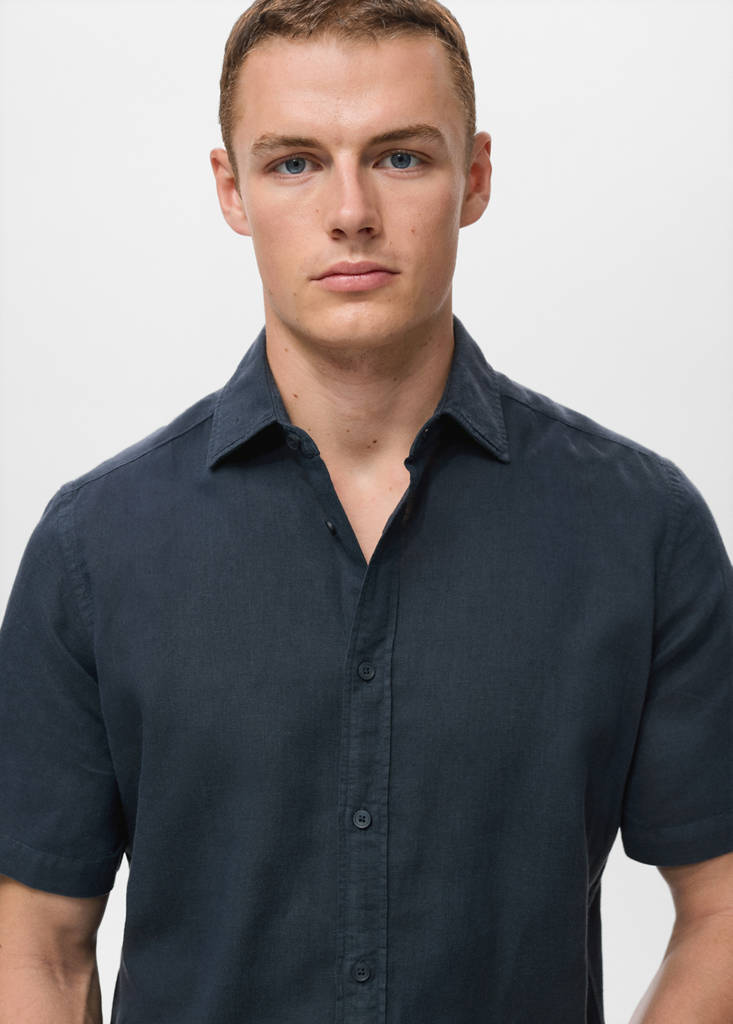 Short sleeve linen-blend shirt — Navy