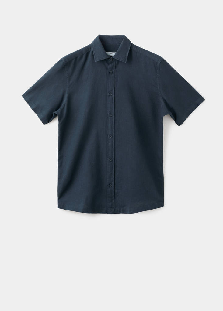 Short sleeve linen-blend shirt — Navy