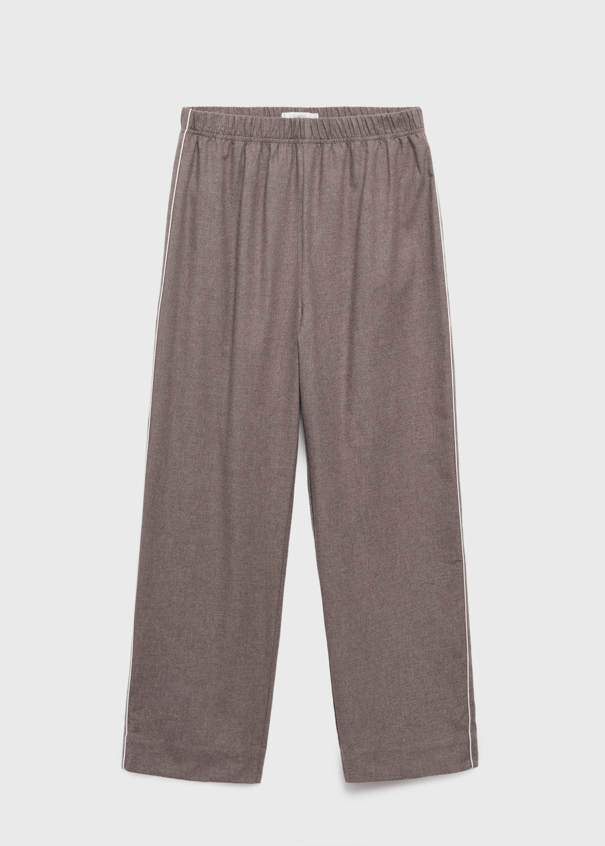 Brown pyjama trousers with an elasticated waist and white side piping.