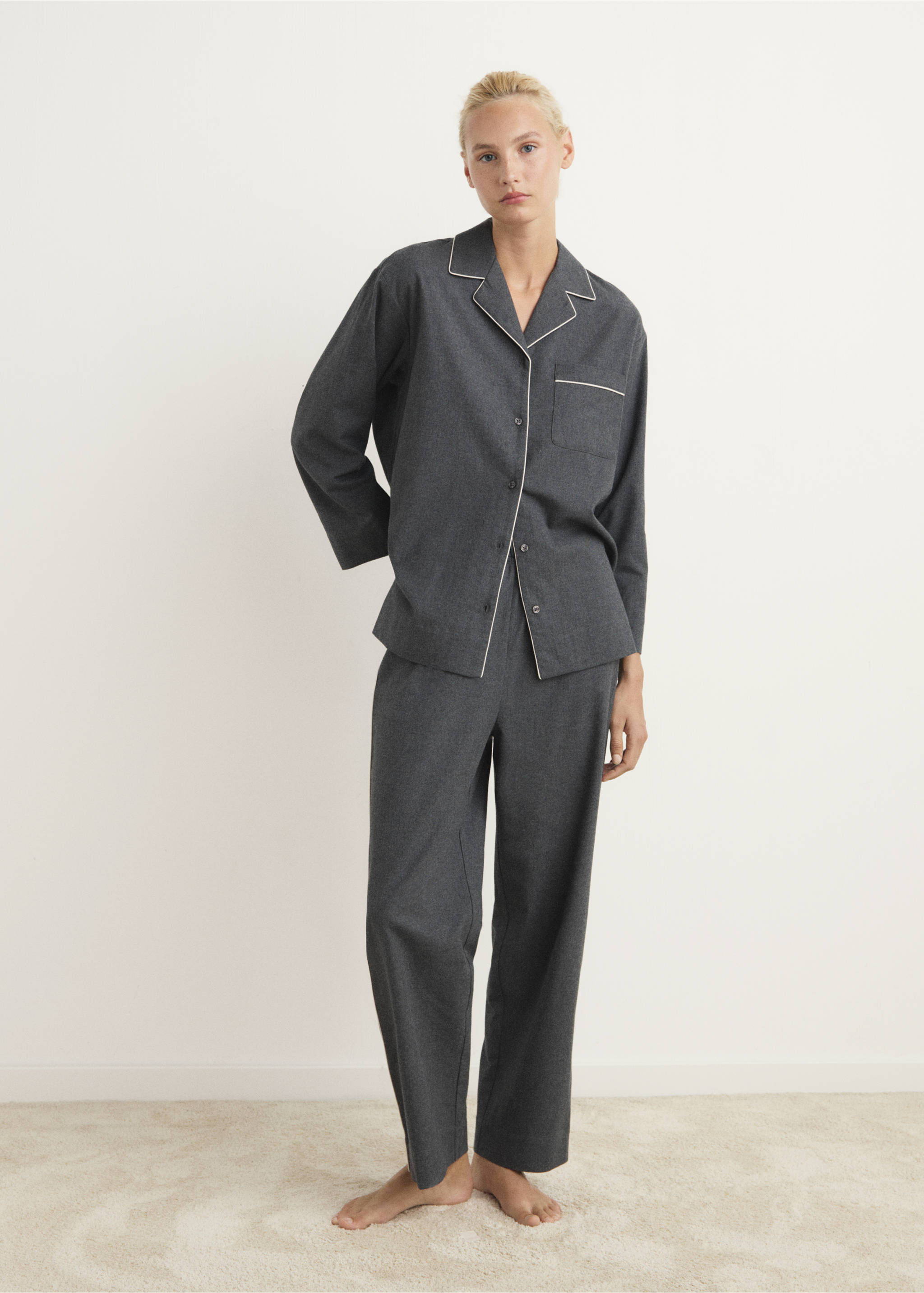 Dark grey pyjama trousers with a matching long-sleeved shirt., Charcoal. Ref: 17017130-00.