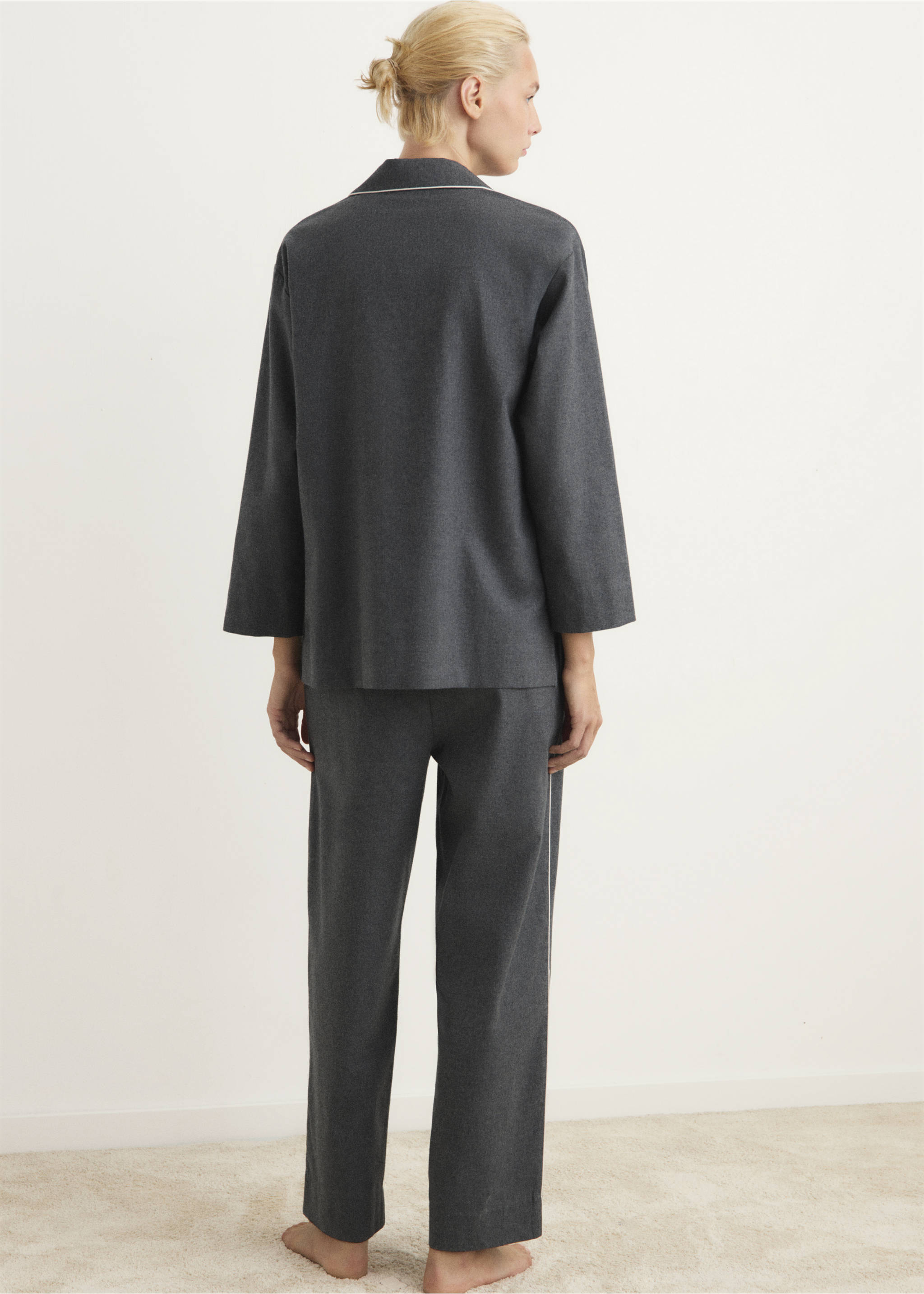 Back view of a dark grey pyjama trousers set with white piping., Charcoal. Ref: 17017130-00.