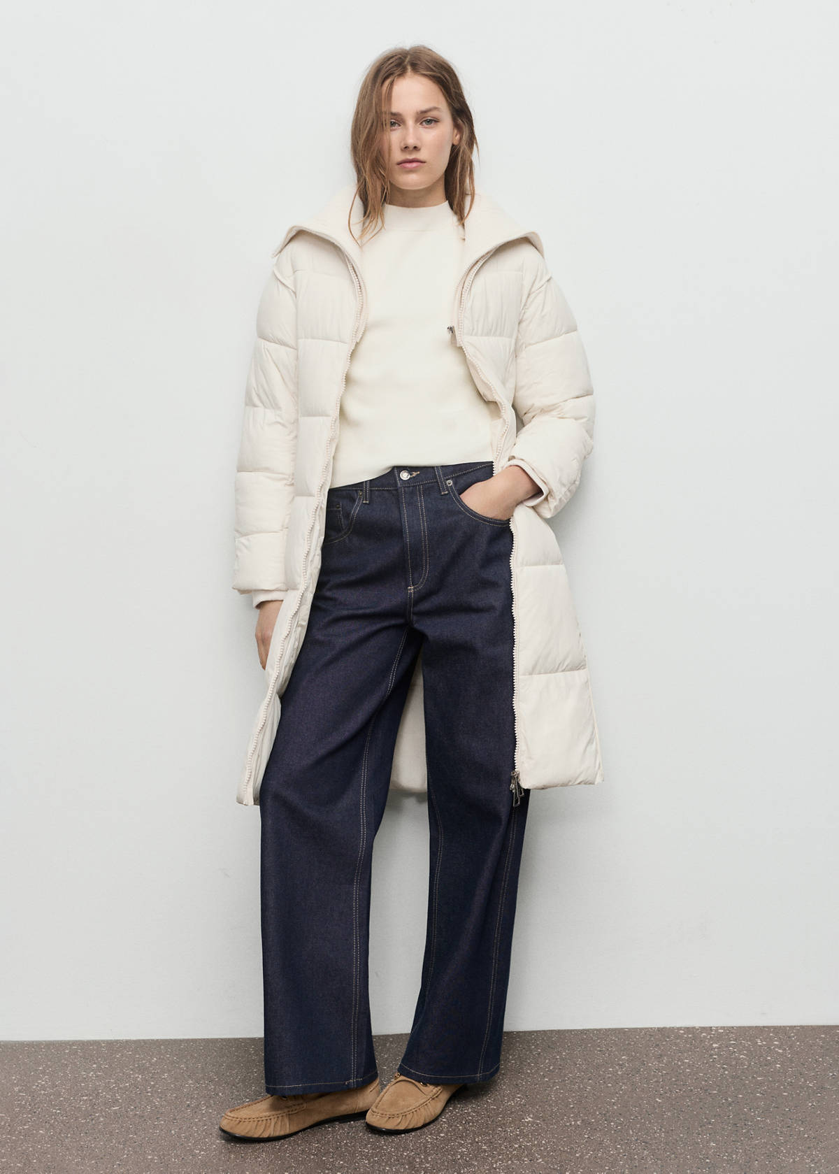 Quilted anorak with combined fabrics — Ecru