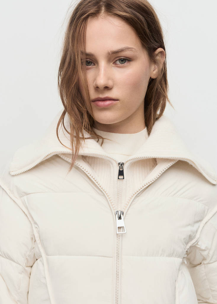 Quilted anorak with combined fabrics — Ecru