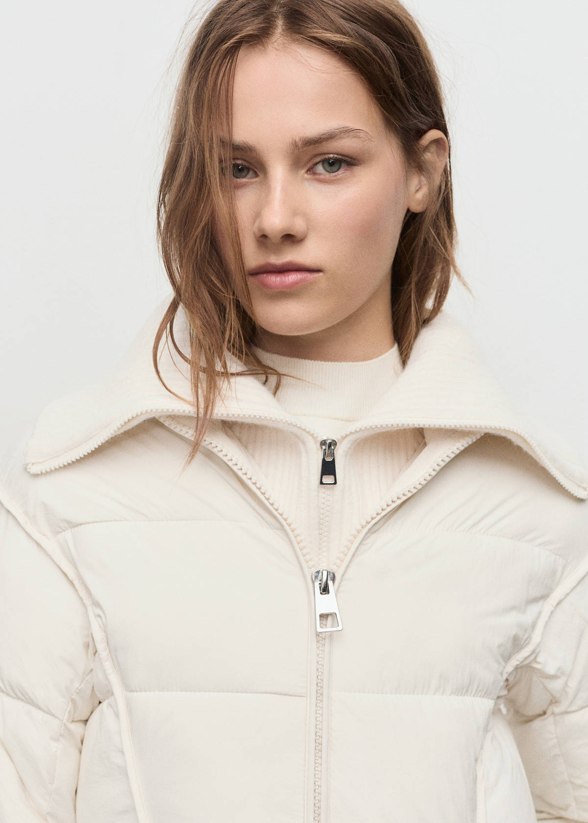 Quilted anorak with combined fabrics — Ecru