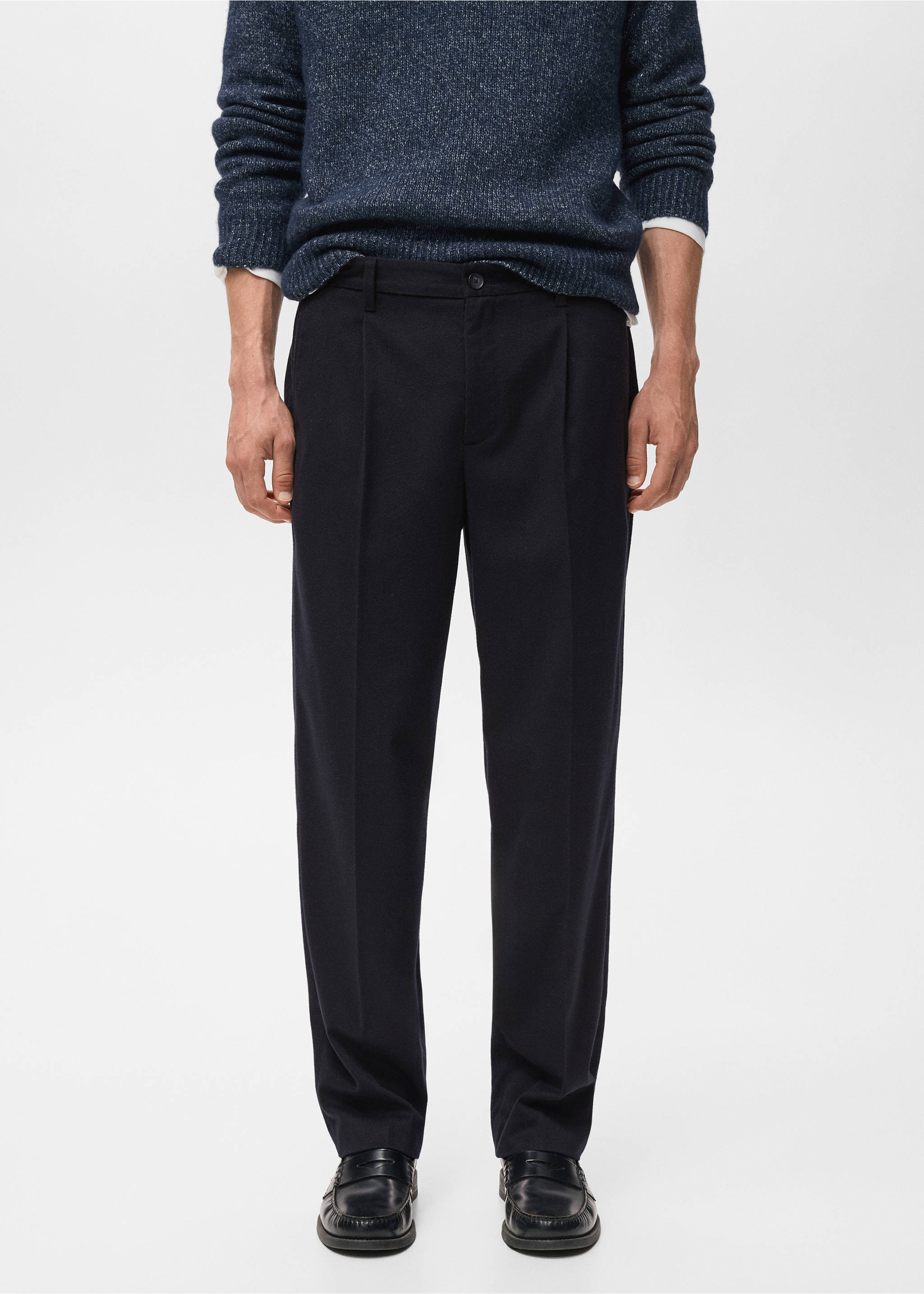 Pantalon flanelle regular-fit à pinces - Plan moyen, Bleu marine. Ref: 17017888-00.