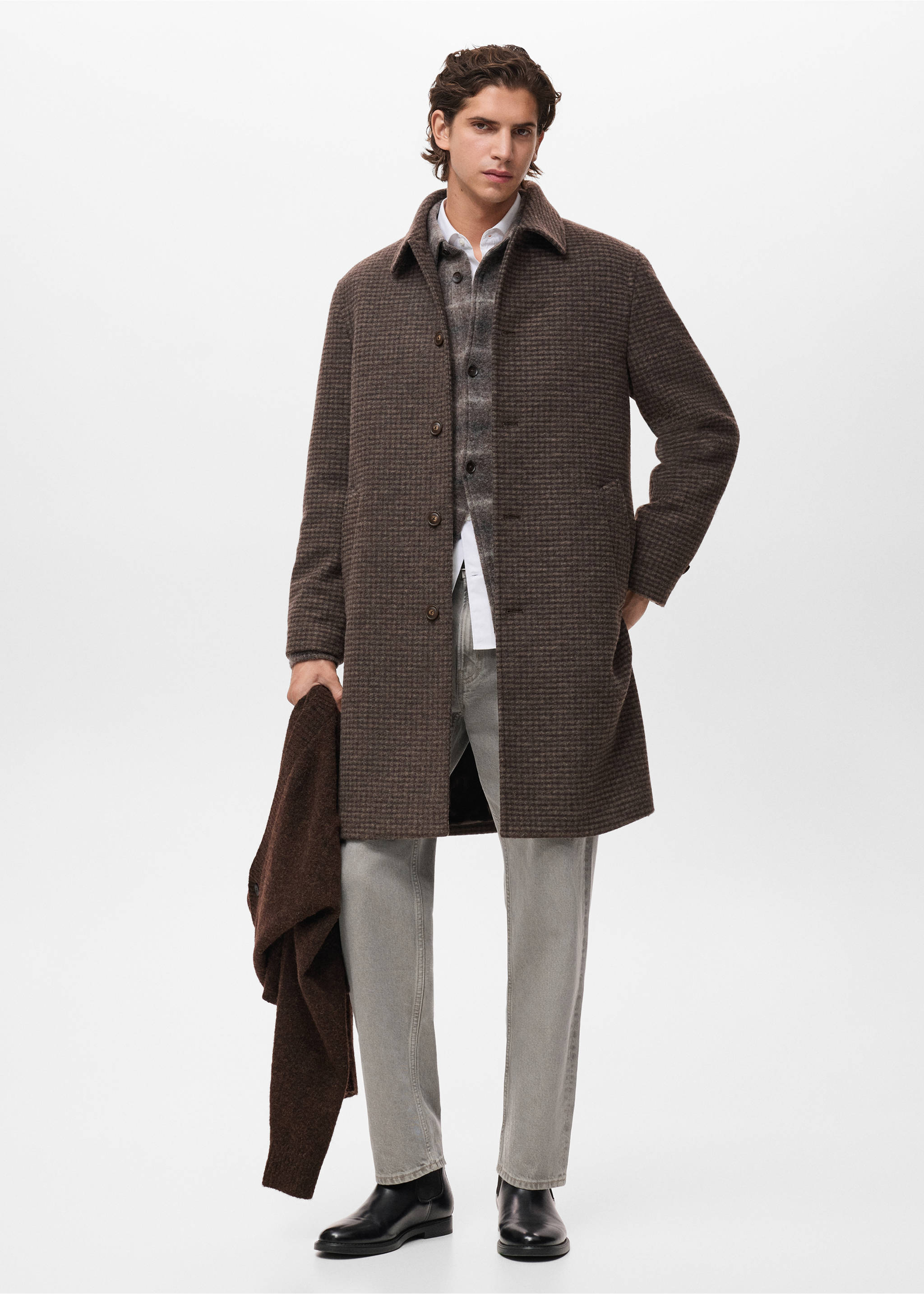 Long coat with check-print structure - General plane, Medium Brown. Ref: 17017889-00.