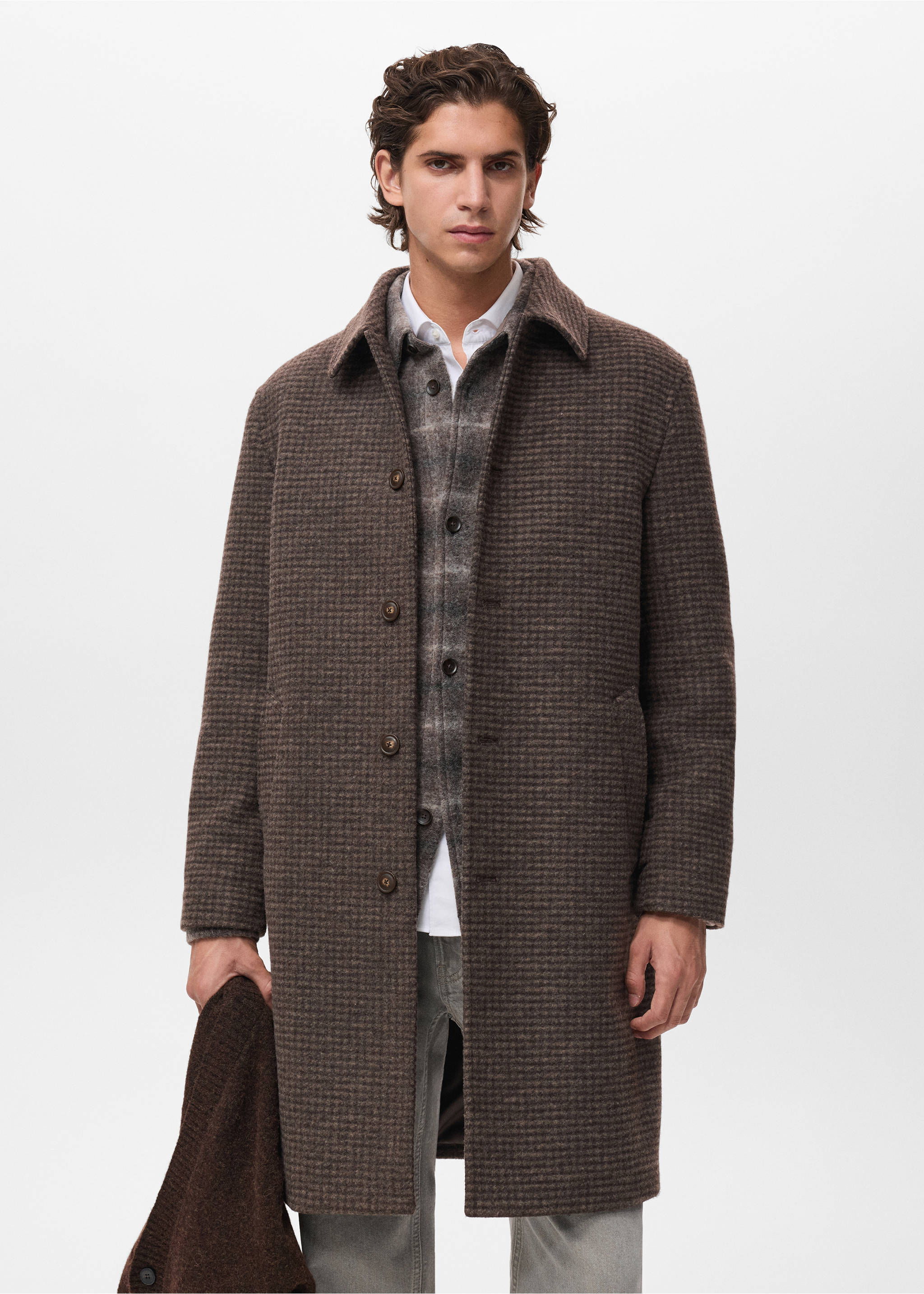 Long coat with check-print structure - Medium plane, Medium Brown. Ref: 17017889-00.