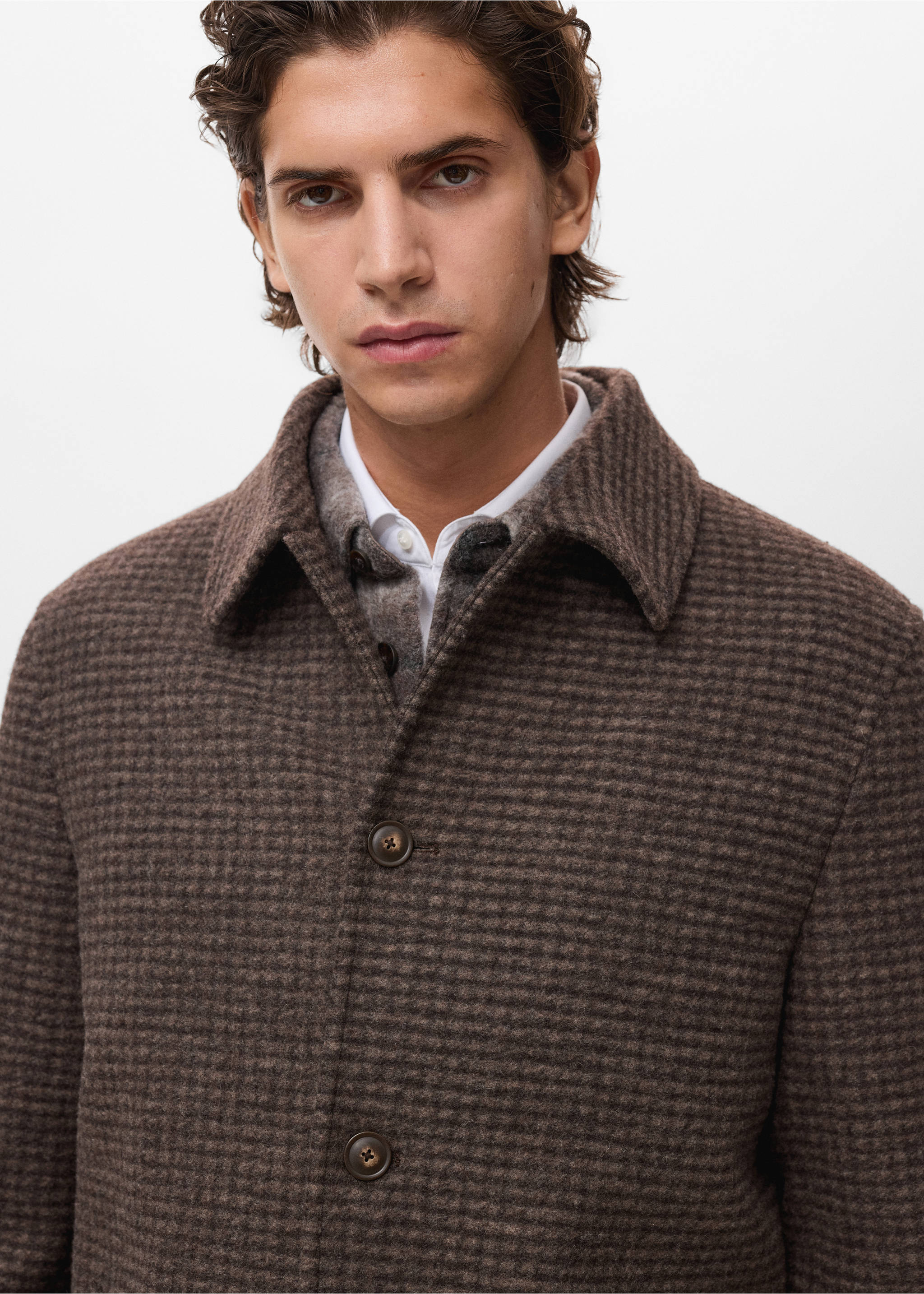 Long coat with check-print structure - Details of the article 1, Medium Brown. Ref: 17017889-00.