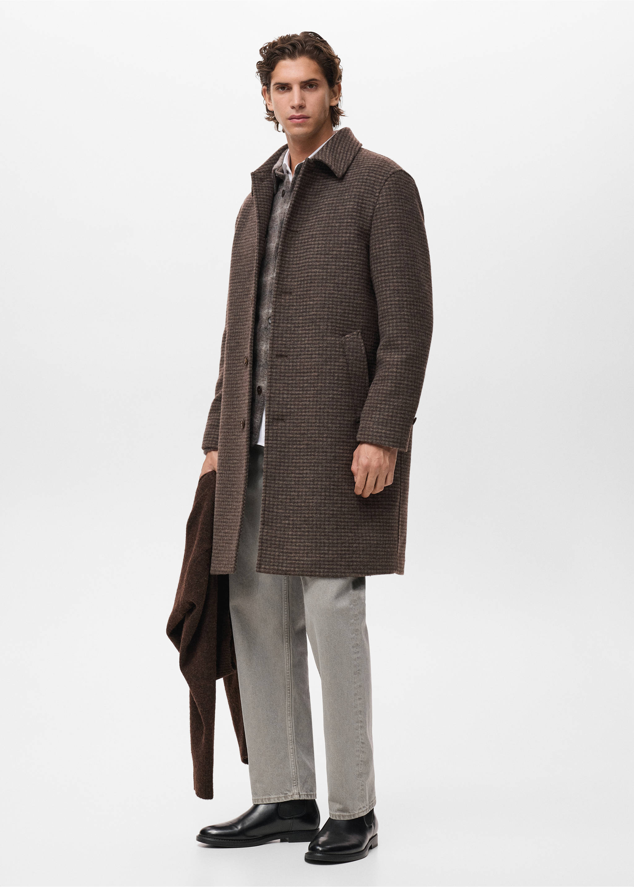 Long coat with check-print structure - Details of the article 2, Medium Brown. Ref: 17017889-00.