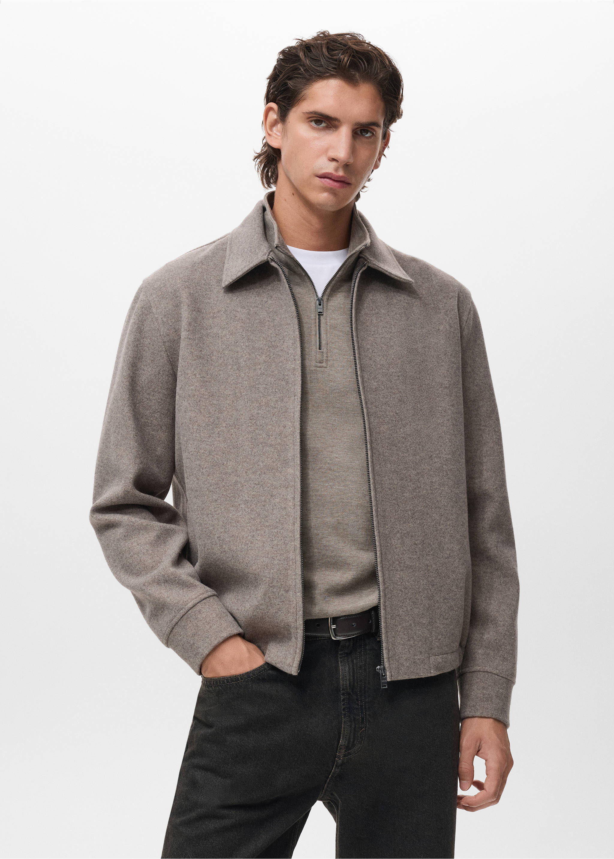 Chaqueta paño cremallera - Plano medio, Marrón medio. Ref: 17017901-00.