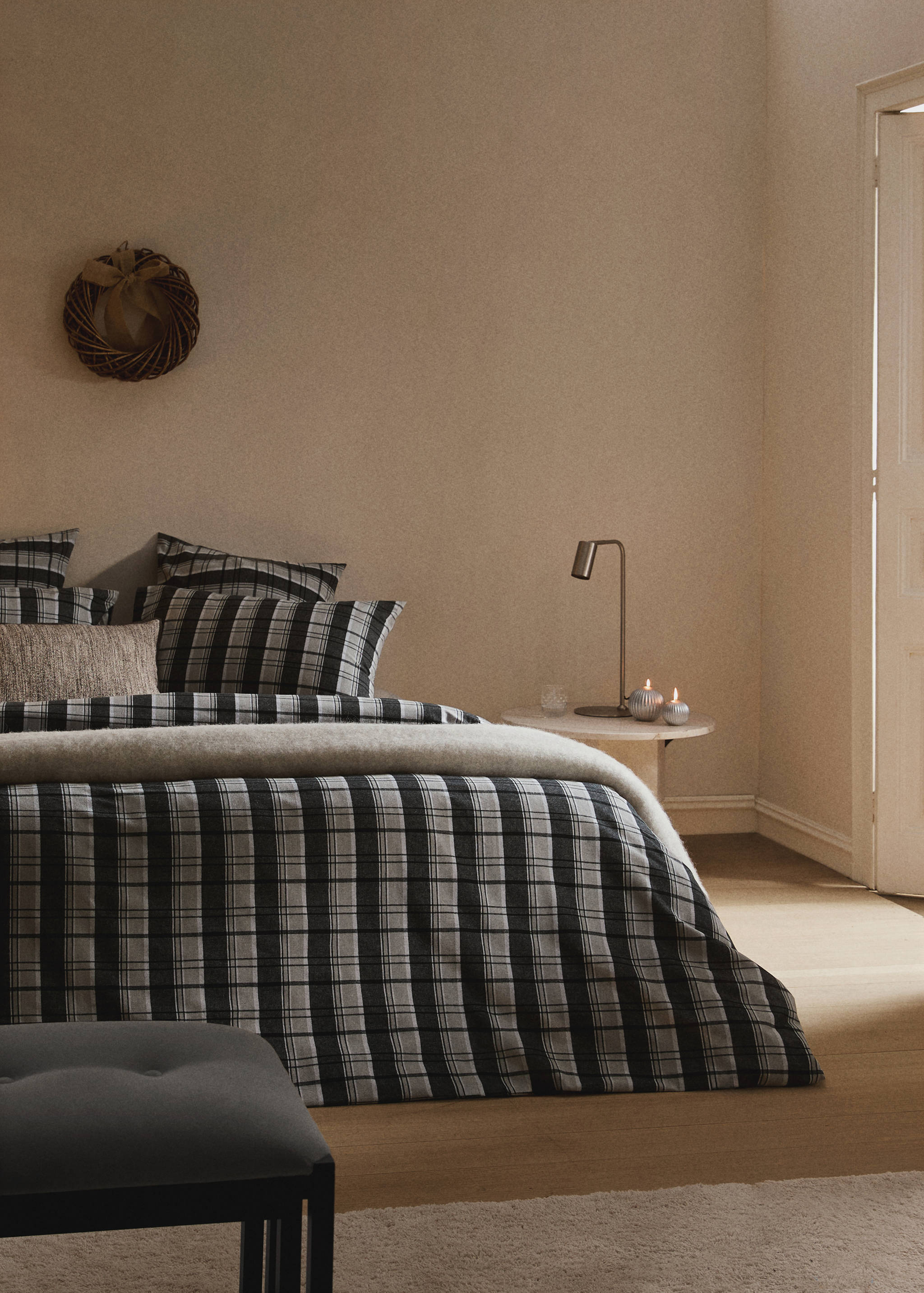 Cotton flannel duvet cover with melange threads and check print for 180/200 cm bed - General plane