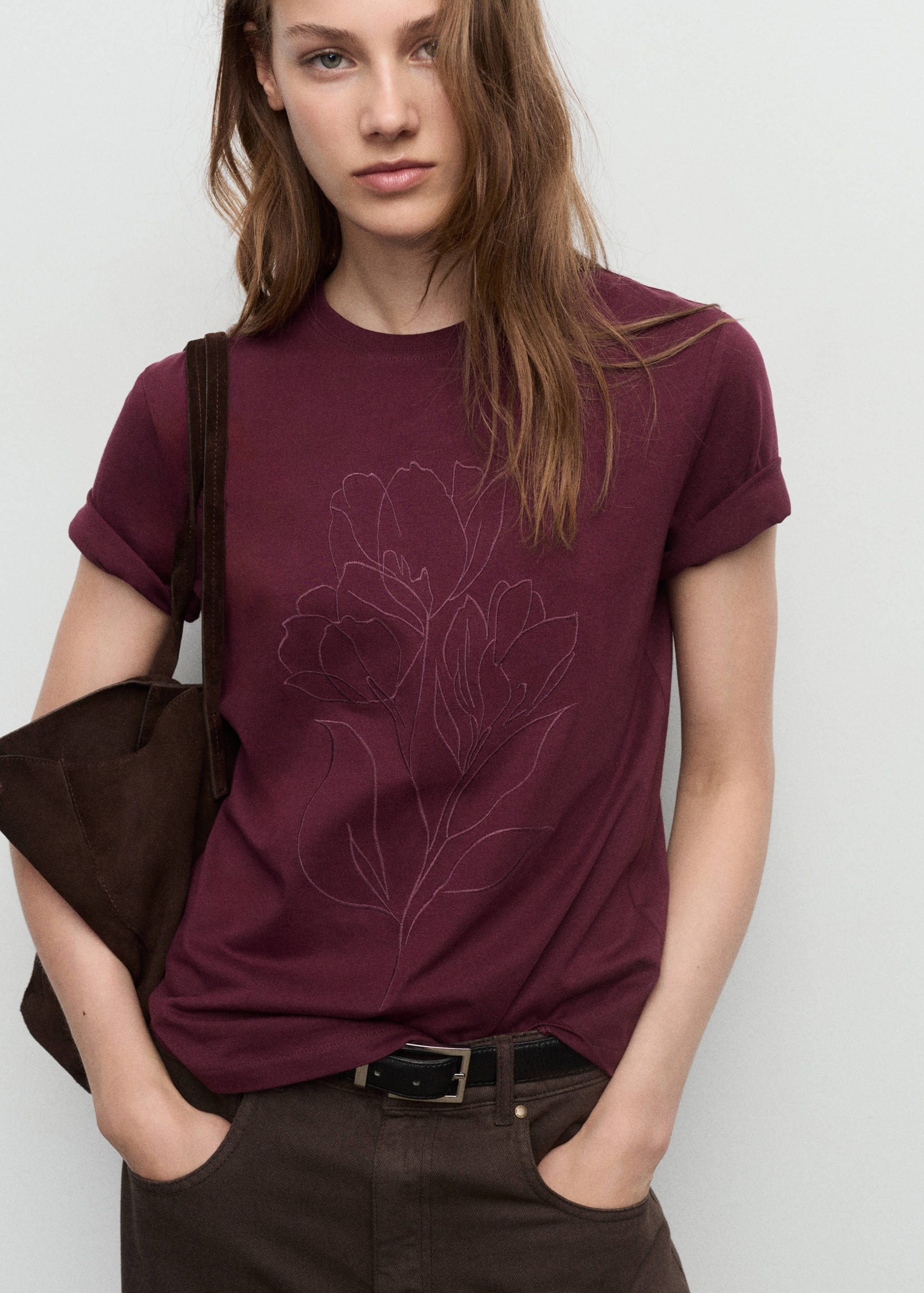 Floral-embroidered cotton t-shirt - Medium plane