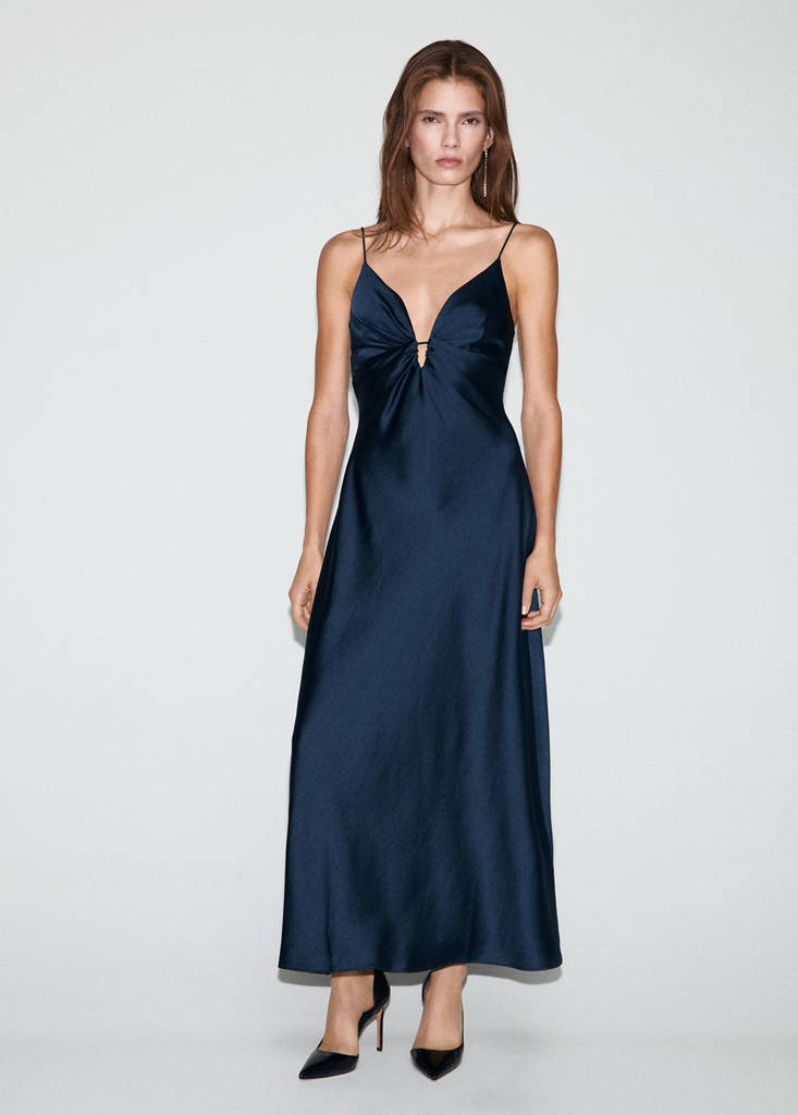 MANGO - Robe satinée col V bleu nuit - M