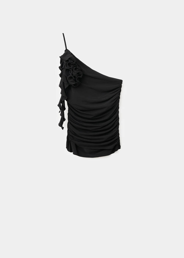 Ruched asymmetrical top with ruffle trim — Black