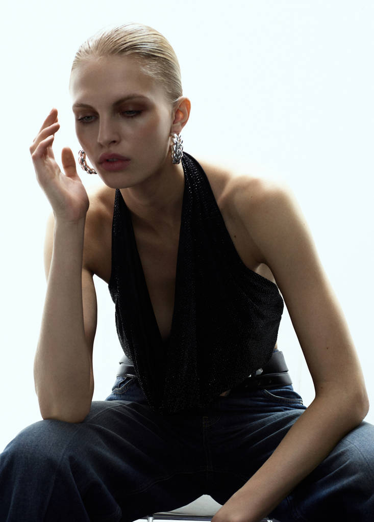 Top with draped neckline and crystals — Black