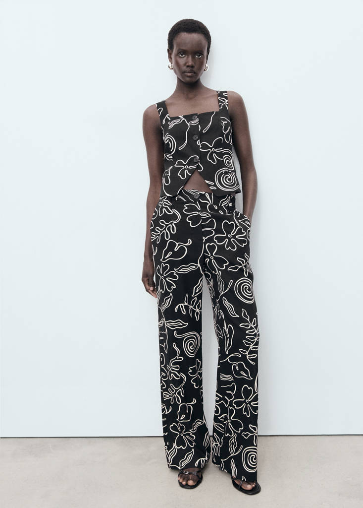 Floral-print linen-blend trousers — Black