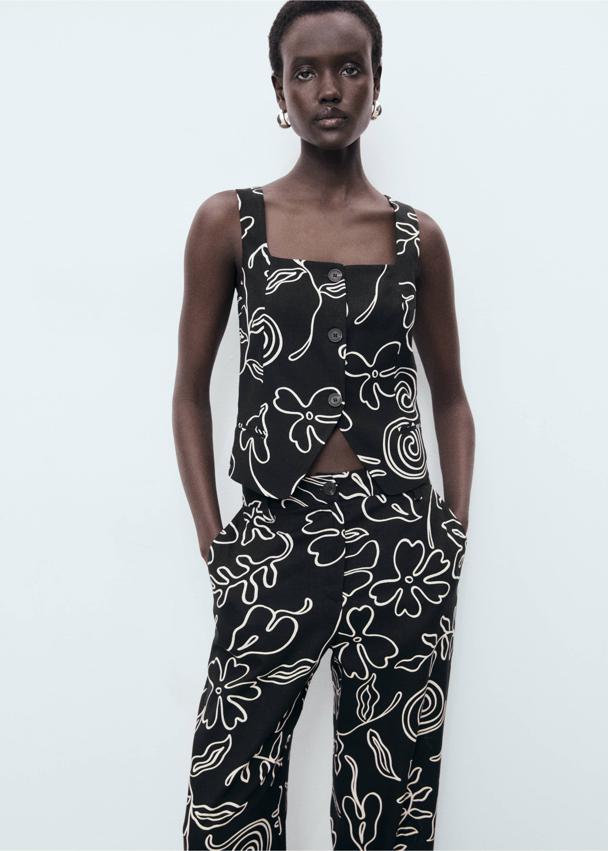 Pantalon lin mélangé imprimé à fleurs - Détail de l'article 1, Noir. Ref: 17021167-00.