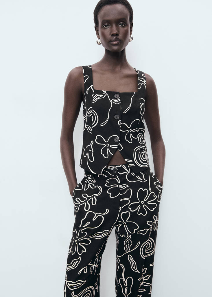 Floral-print linen-blend trousers — Black