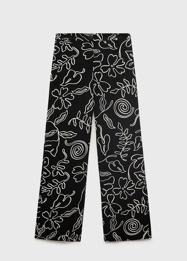 Floral-print linen-blend trousers — Black