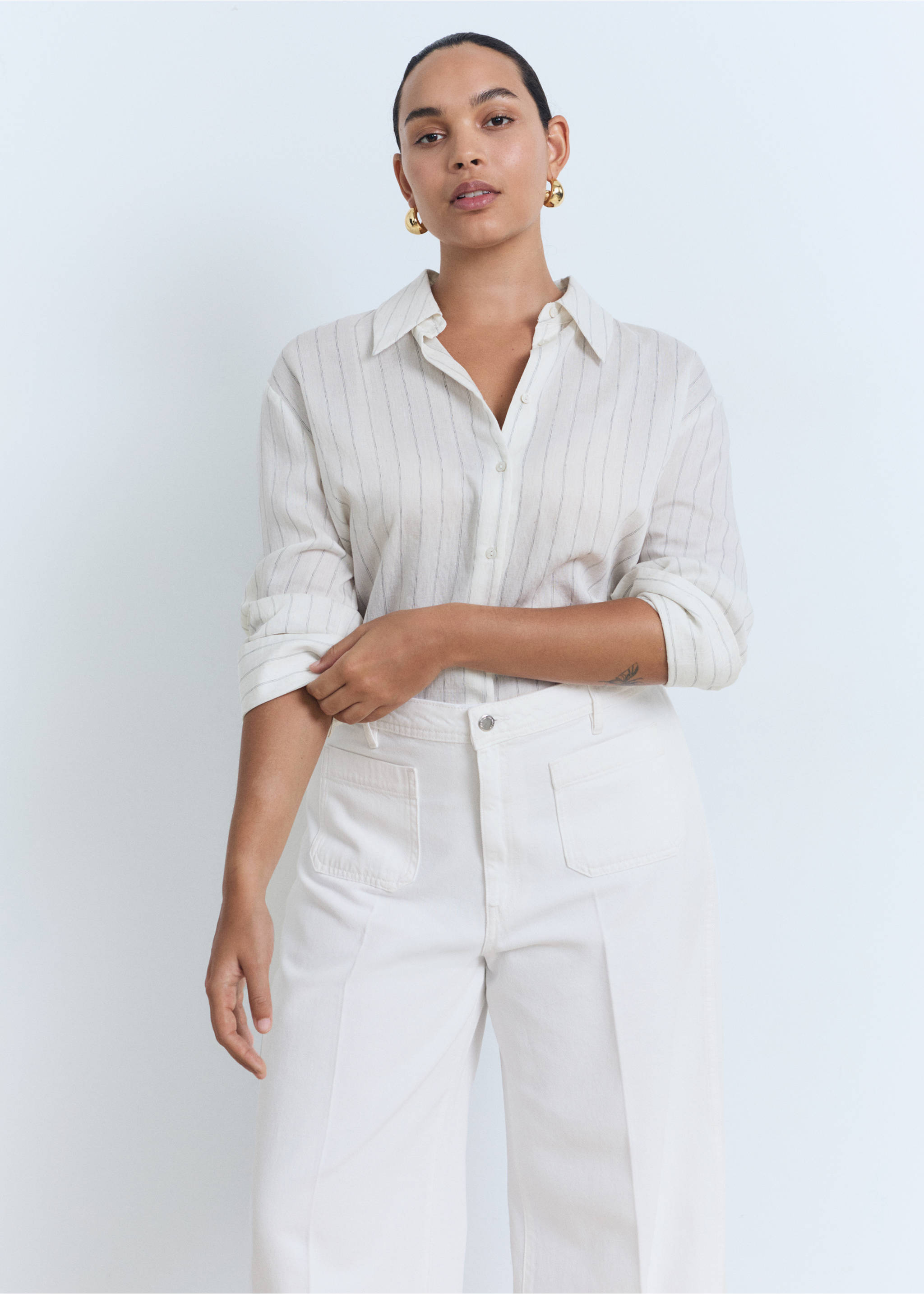 High-waisted wide leg jeans with pockets - Details of the article 5, White. Ref: 17021188-00.