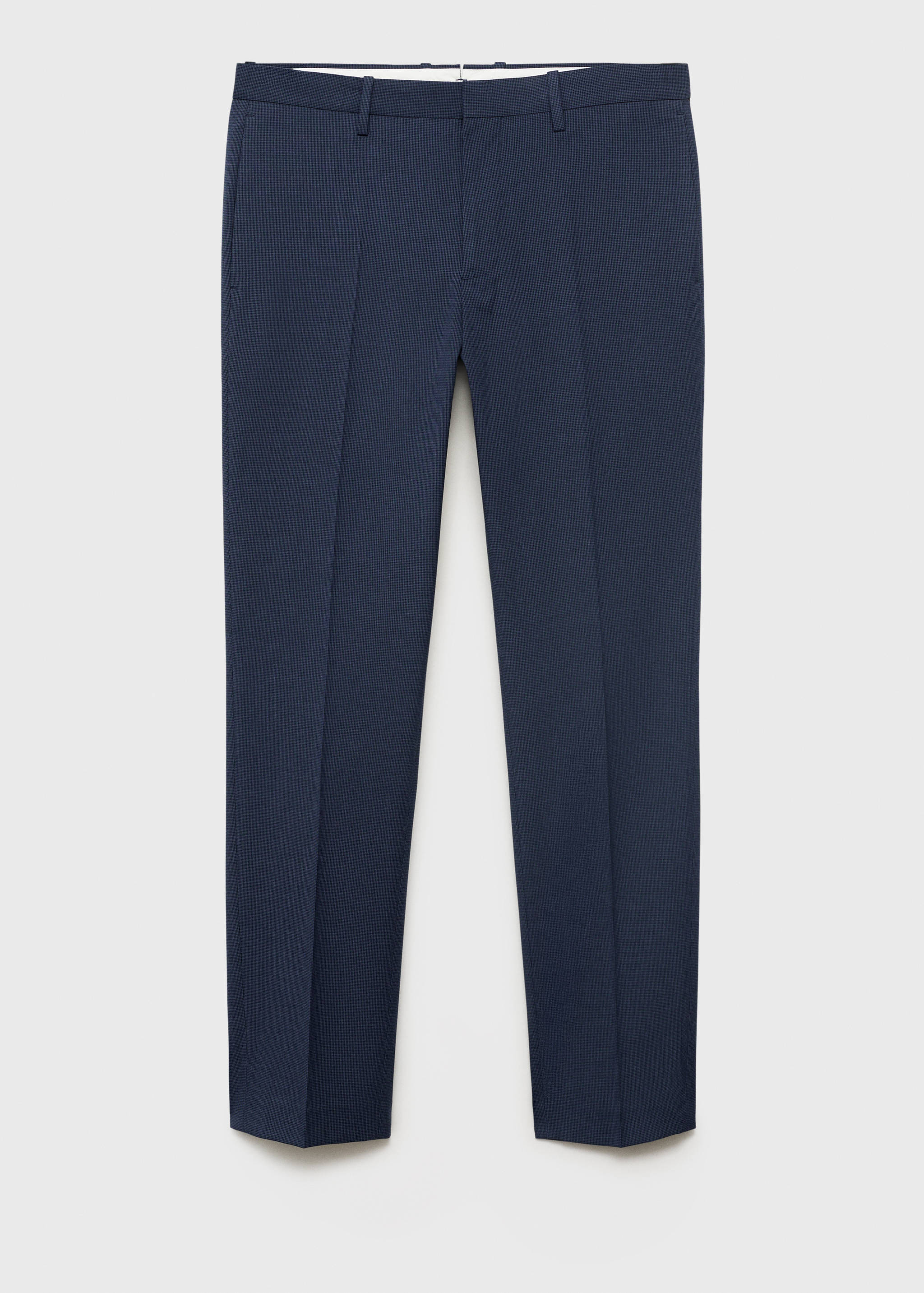 Dark blue suit trousers with pressed creases and belt loops.