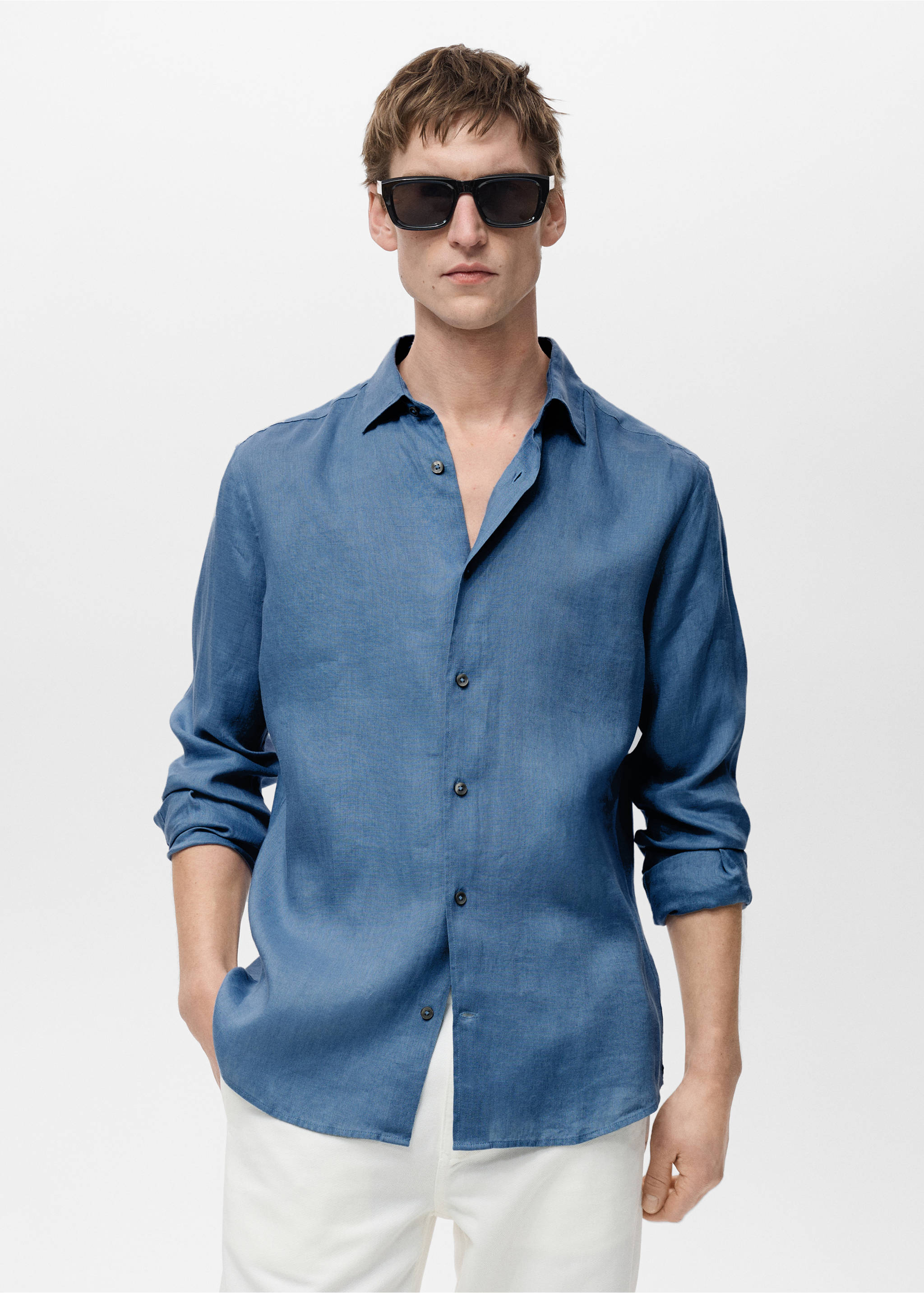 Camisa 100% lino regular fit - Plano medio, Azul porcelana. Ref: 17021250-01.