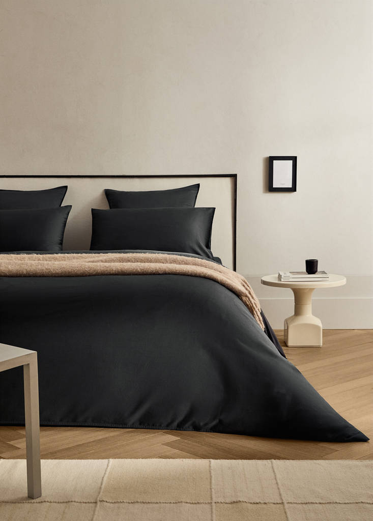 MANGO HOME - Housse de couette coton et satin lavé double surpiqûre lit 135/140 cm gris anthracite - Lit 135/140 cm
