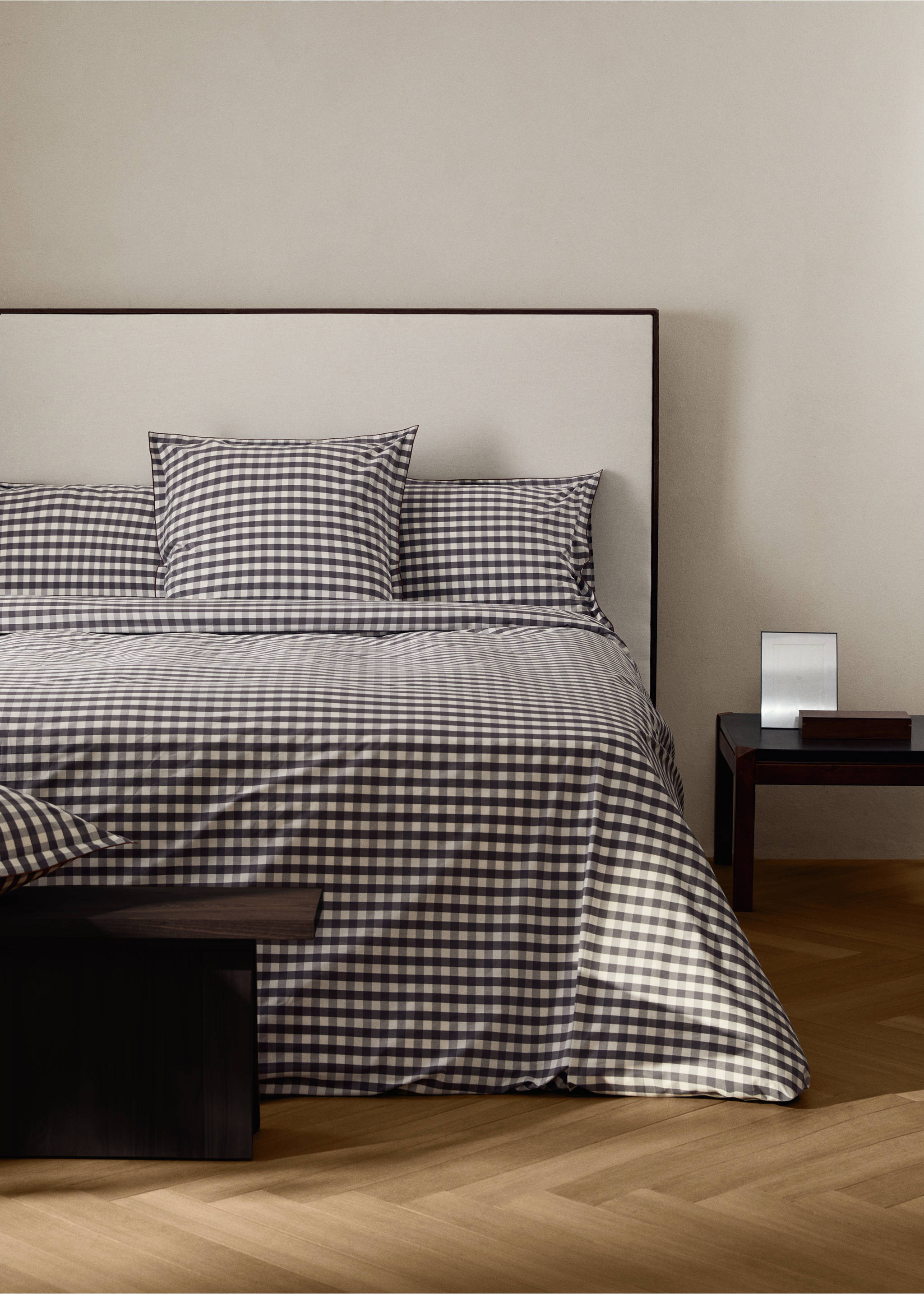 Percale cotton gingham check duvet cover for 135/140 cm bed - General plane, Grey. Ref: 17021542-00.