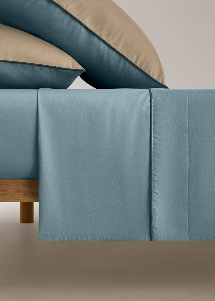 MANGO HOME - Drap plat percale de coton réversible liseré en contraste lit 90 cm bleu - Lit 90 cm