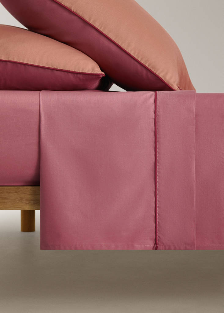 MANGO HOME - Drap plat percale de coton réversible liseré en contraste lit 90 cm rose - Lit 90 cm