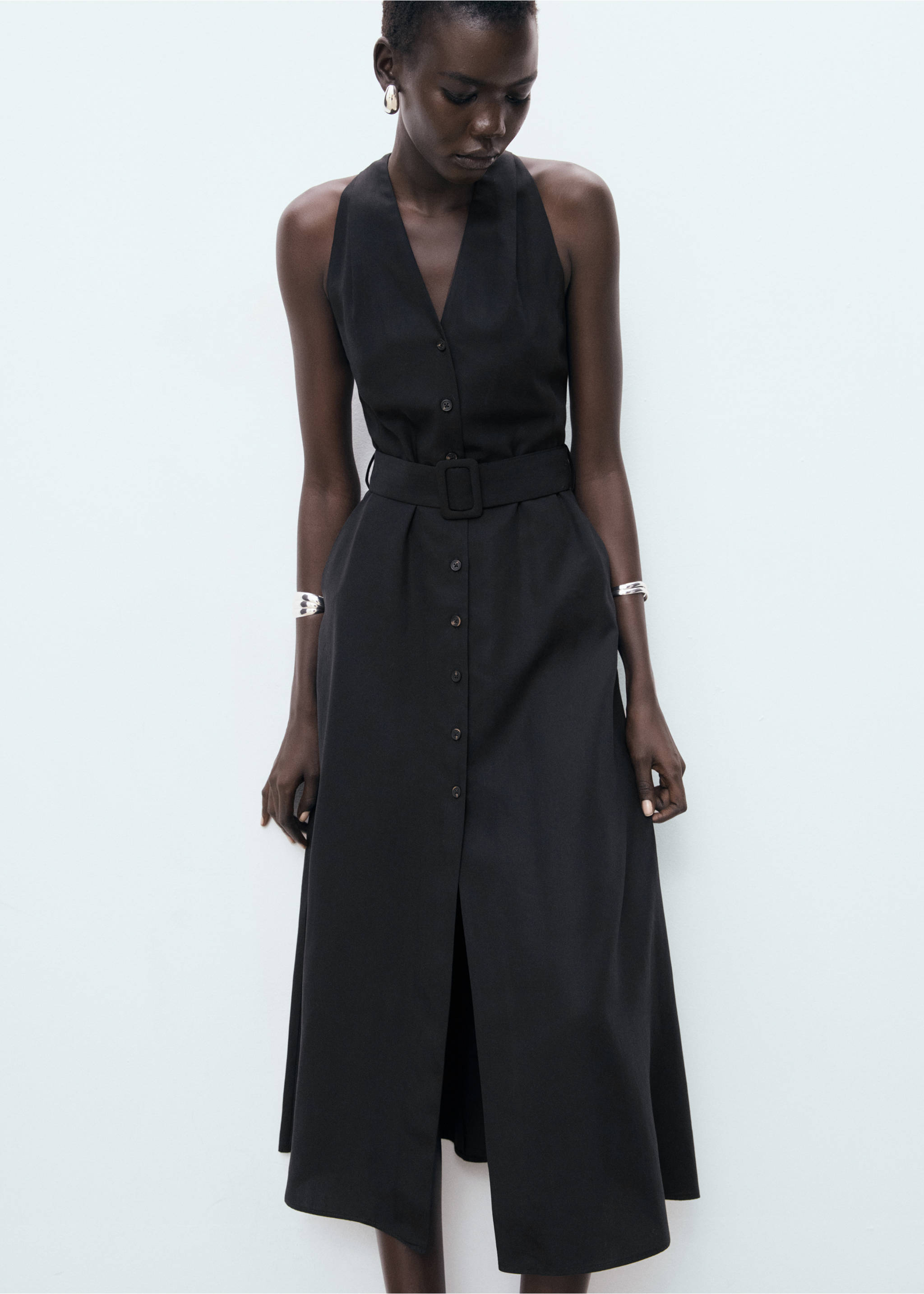 Robe Lyocell ceinture - Plan moyen, Noir. Ref: 17022536-00.