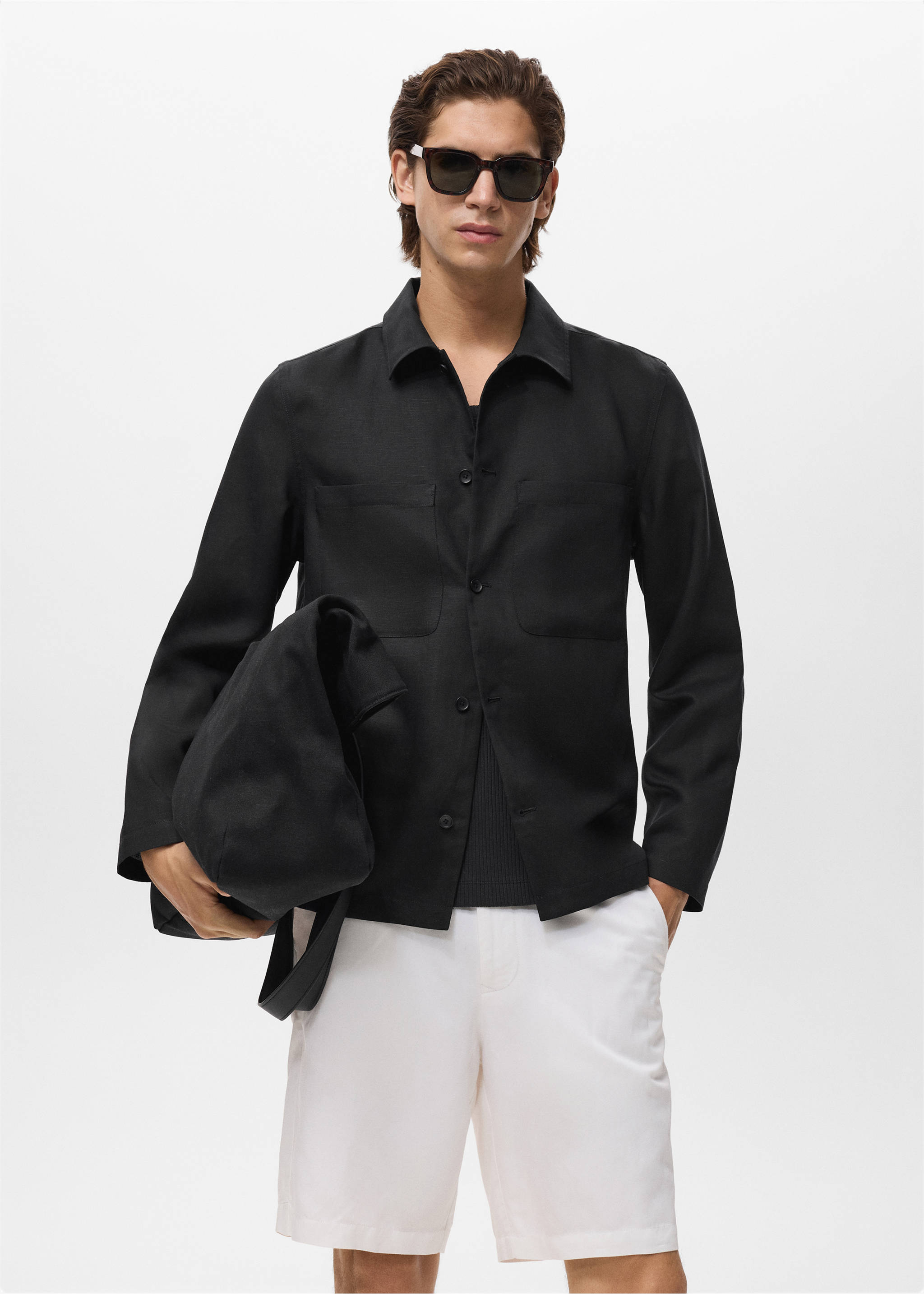 Chaqueta mezcla lino bolsillos - Plano medio, Negro. Ref: 17022894-00.