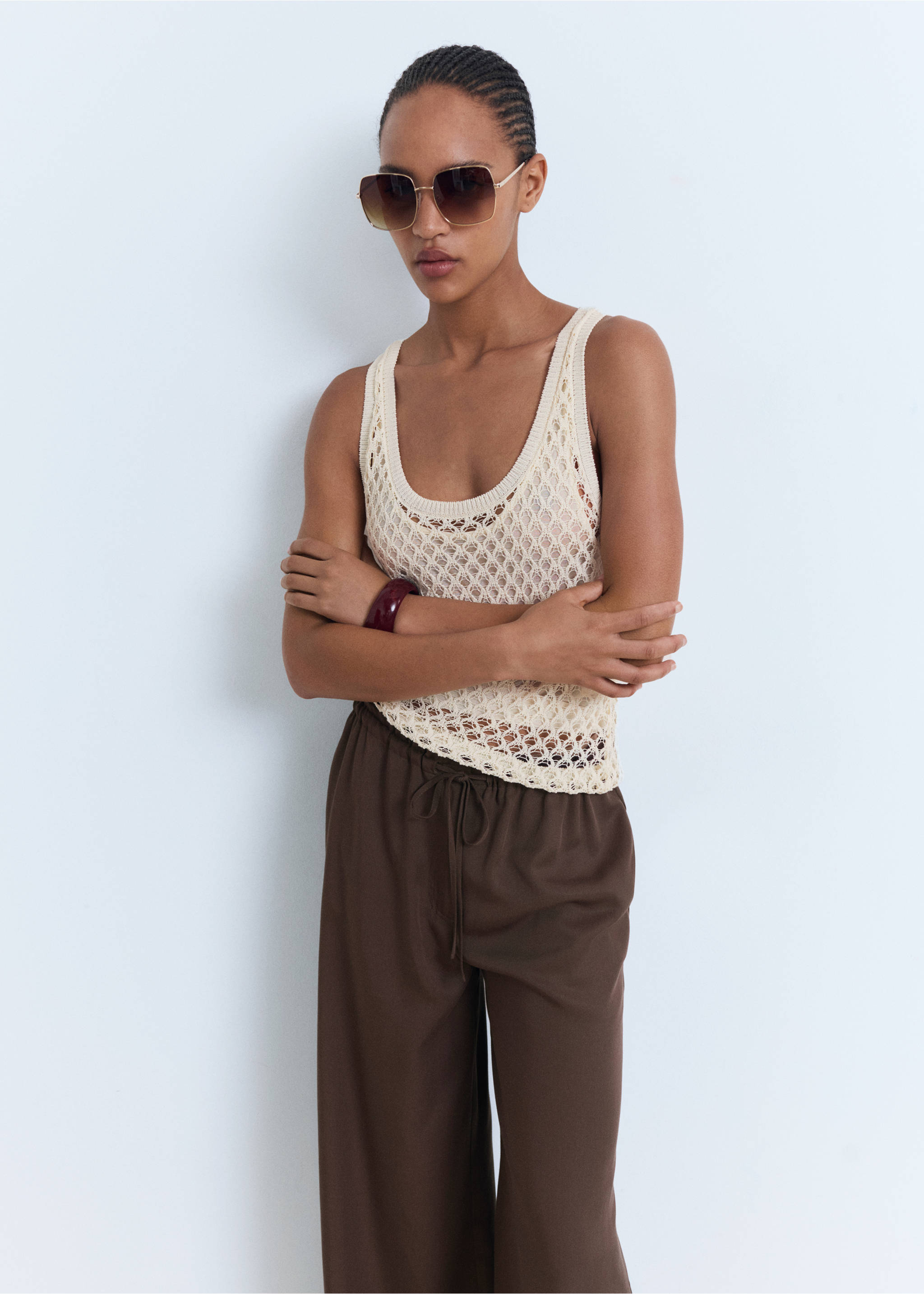 Lyocell wide leg trousers with drawstring - Details of the article 2, Chocolate. Ref: 17022906-00.