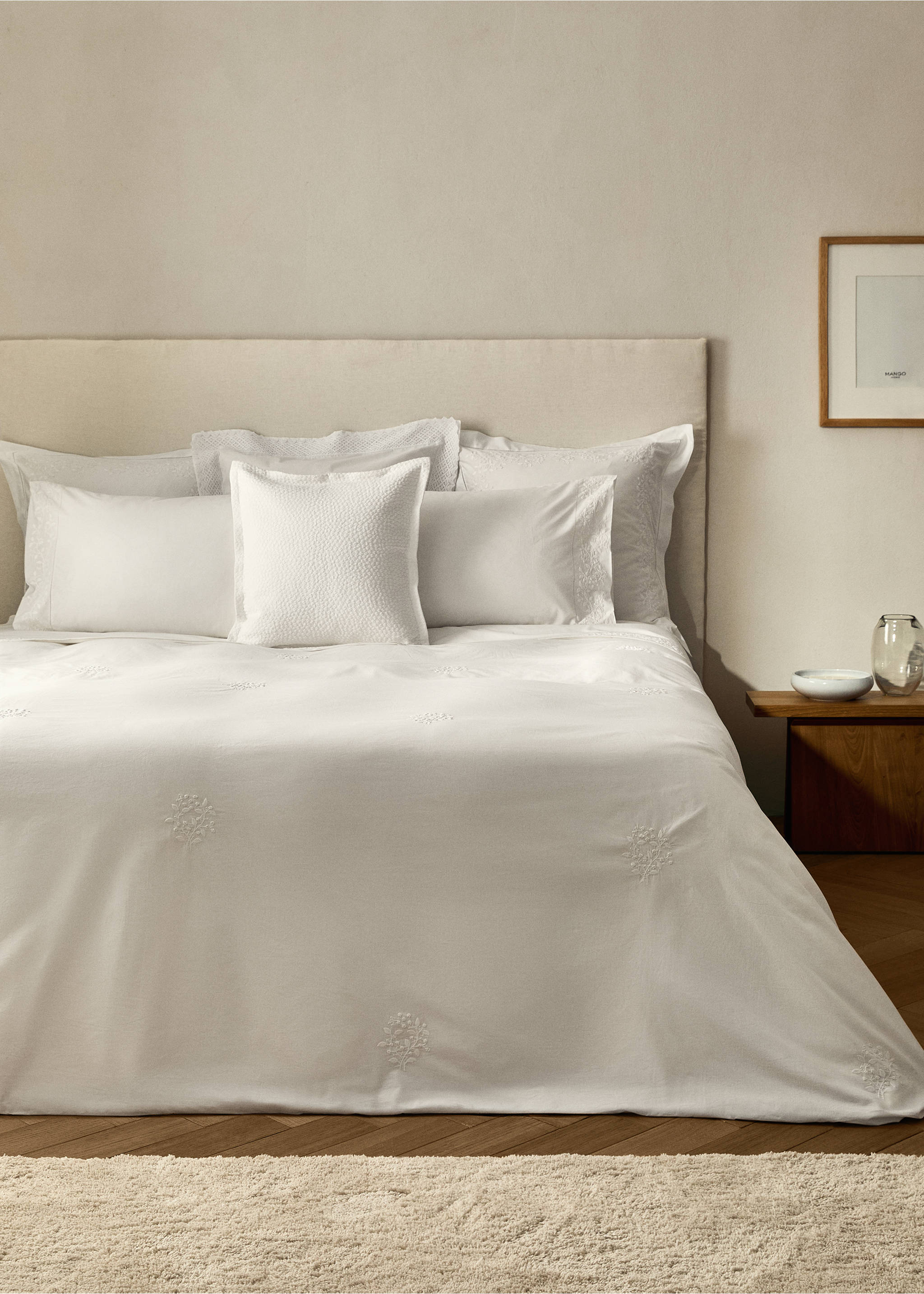 Percale cotton duvet cover with embroidered flowers for 150/160 cm bed - General plane, White. Ref: 17023312-00.