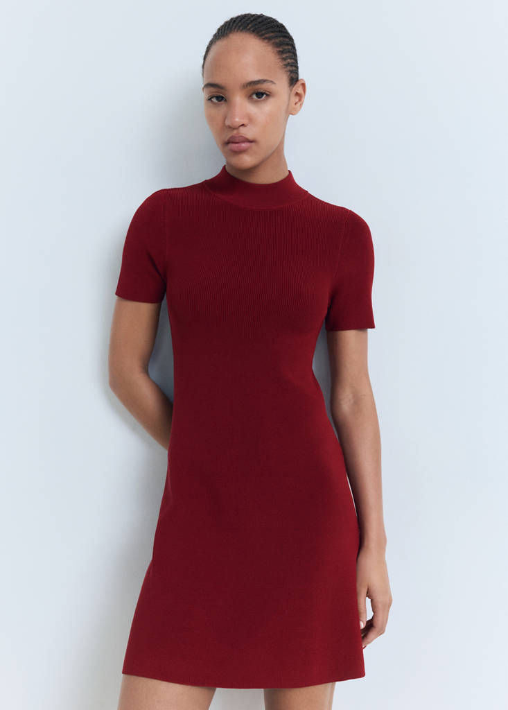 Perkins-neck knitted dress — Wine