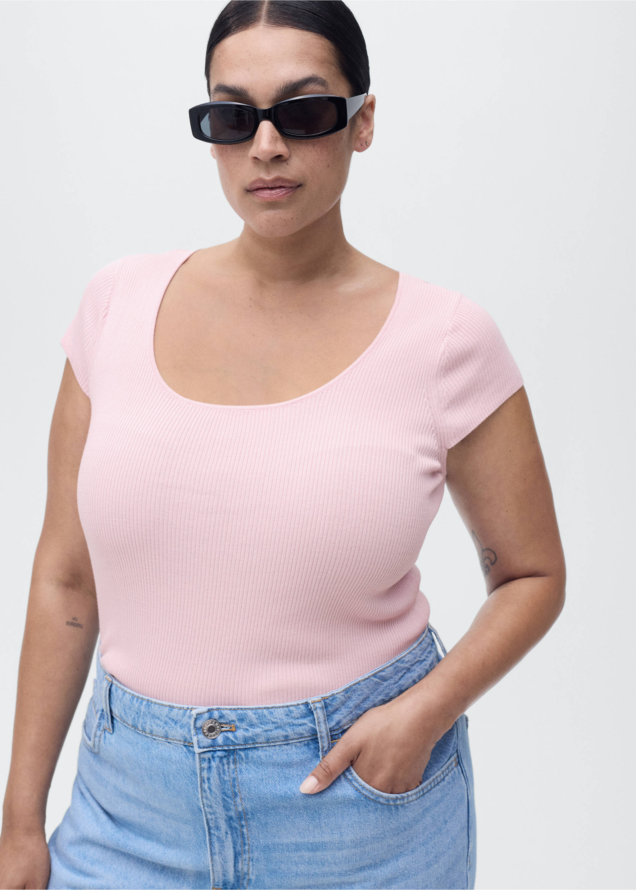 Pull-over maille côtelée manches courtes - Détail de l'article 5, Rose pastel. Ref: 17024100-00.