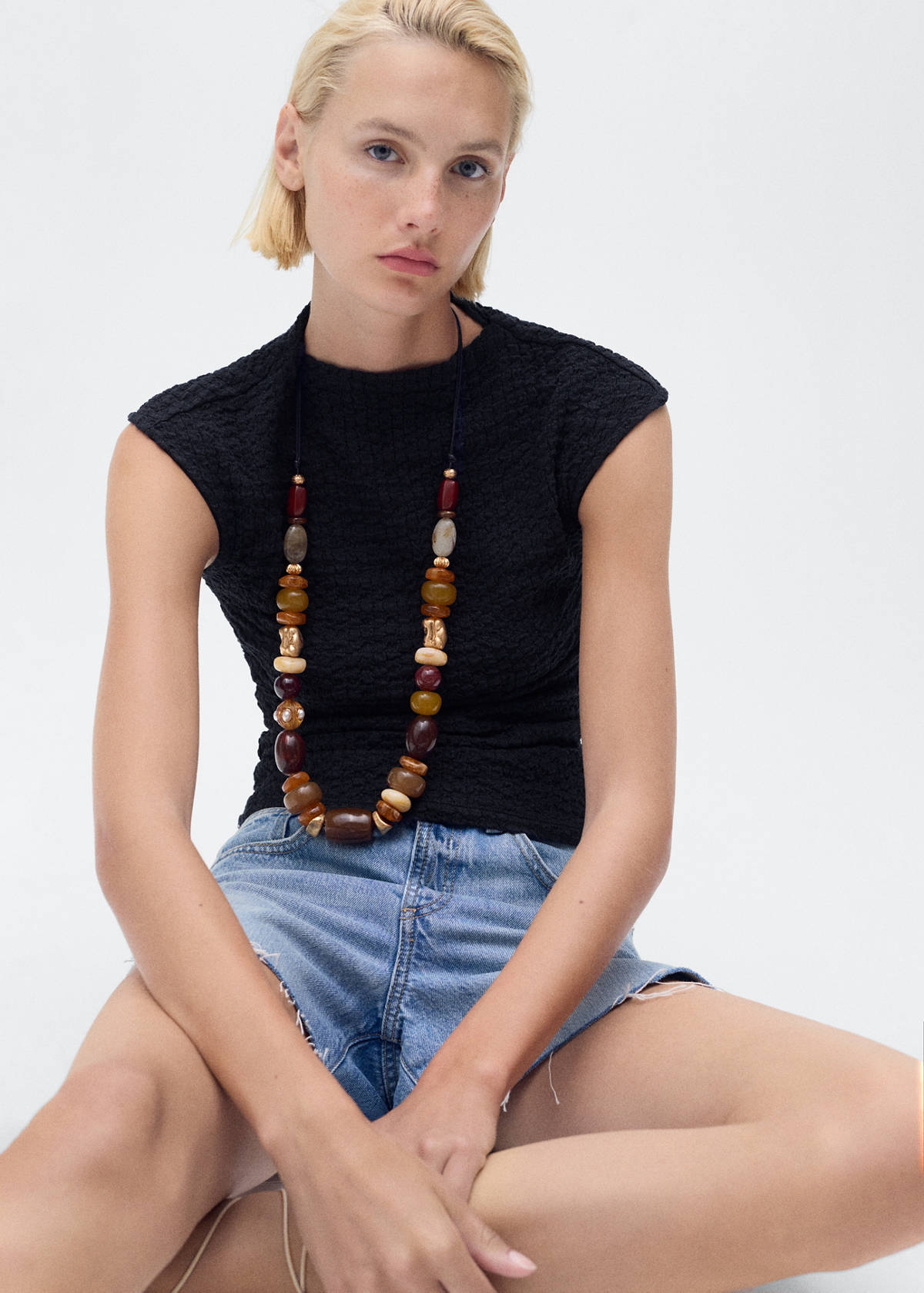 Textured cotton top — Navy
