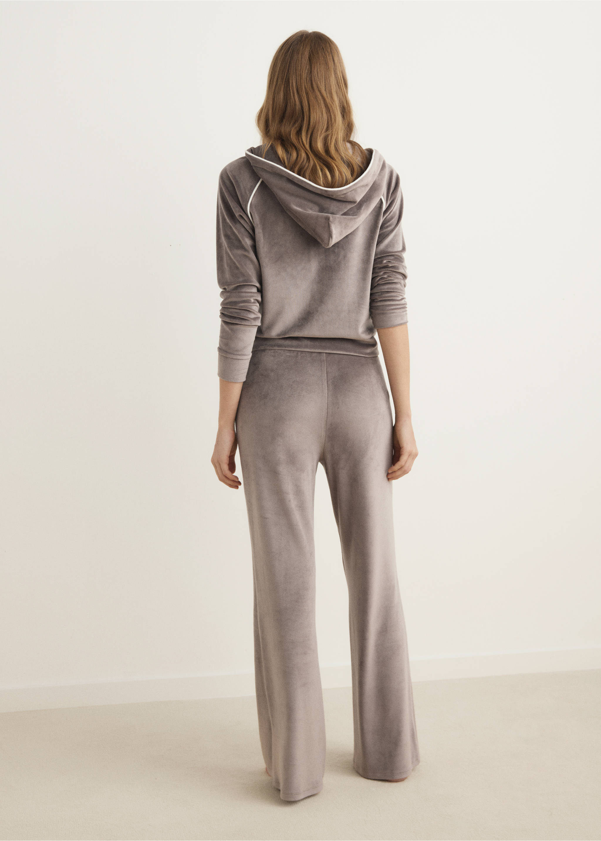 Back view of grey velour pyjama trousers, worn with a matching hoodie., Medium Brown. Ref: 17024105-00.