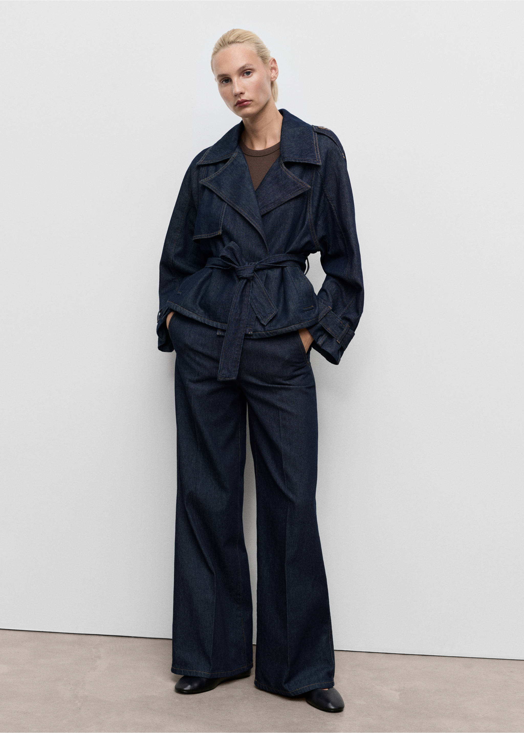 Pantalon denim large avec passants - Plan général, Bleu. Ref: 17024124-00.