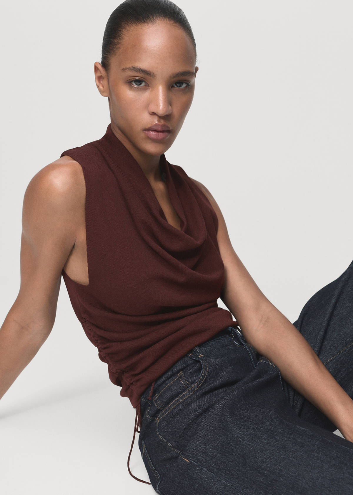 Ruched knitted top — Brown