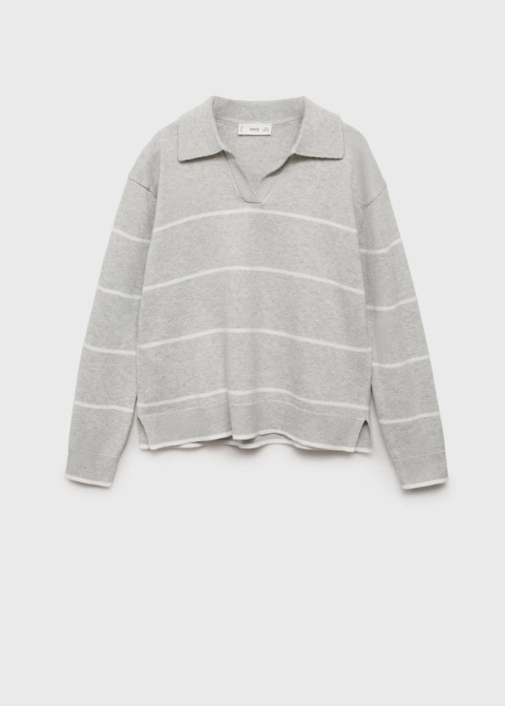 Striped polo-neck sweater — Light Heather Grey