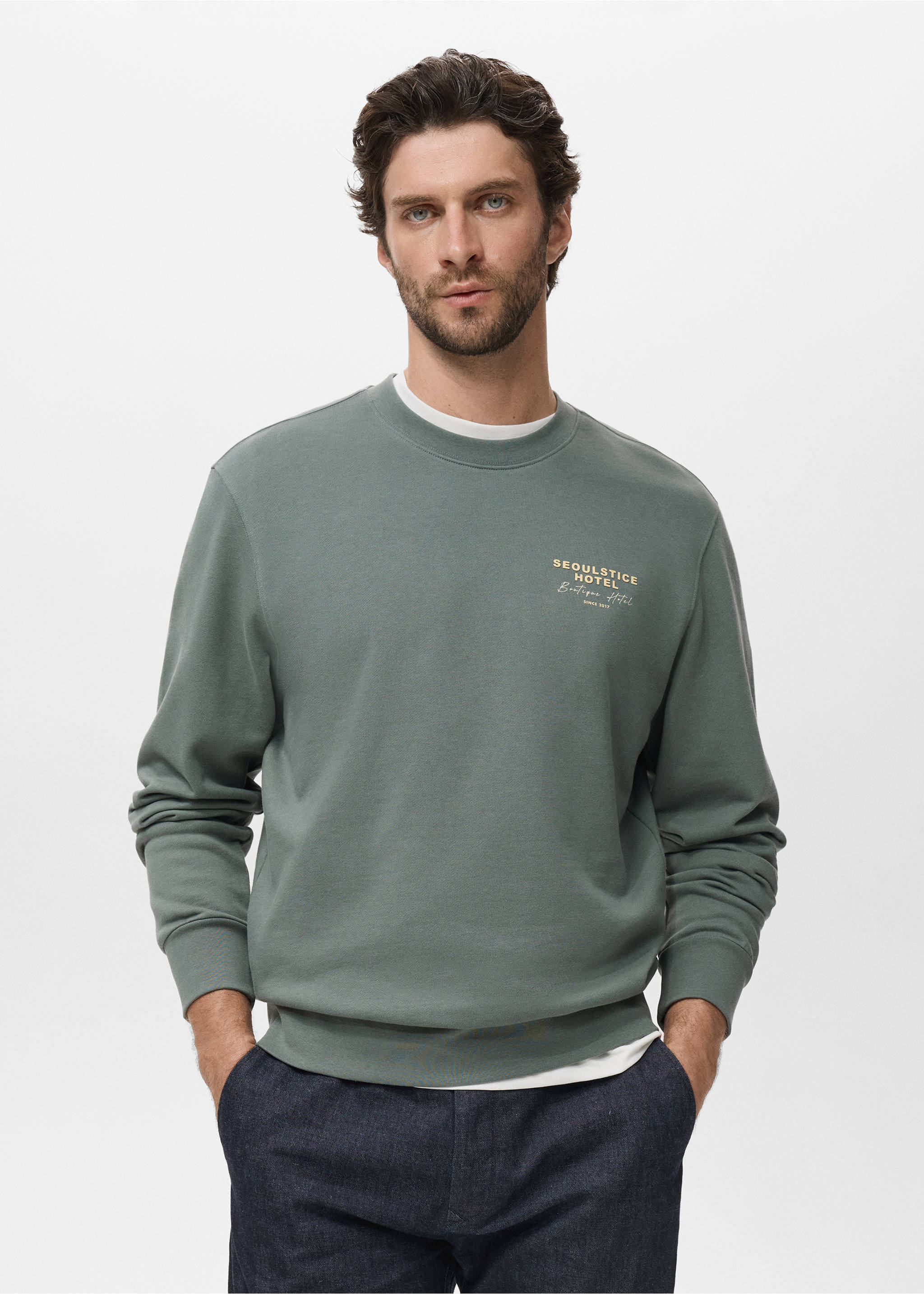 Printed cotton sweatshirt - Medium plane, Green. Ref: 17024440-00.